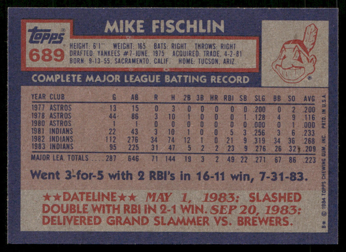 Mike Fischlin 1984 Topps #689 Cleveland Indians