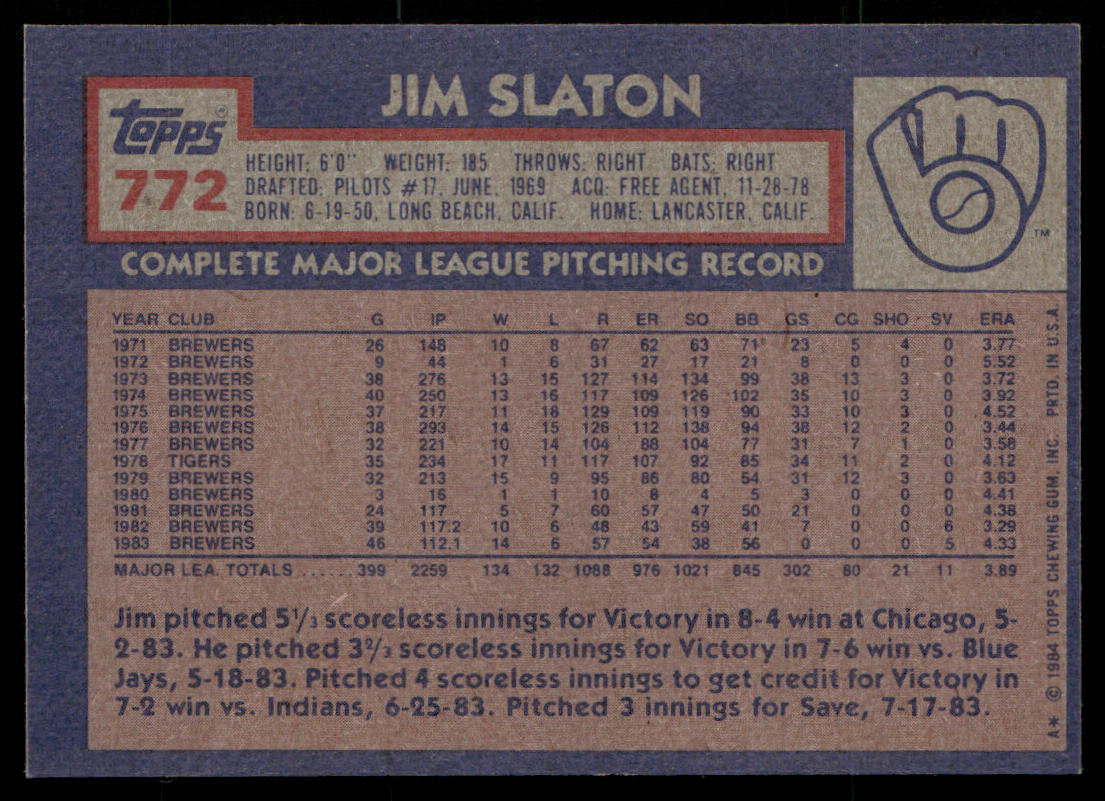 Jim Slaton 1984 Topps #772 Milwaukee Brewers