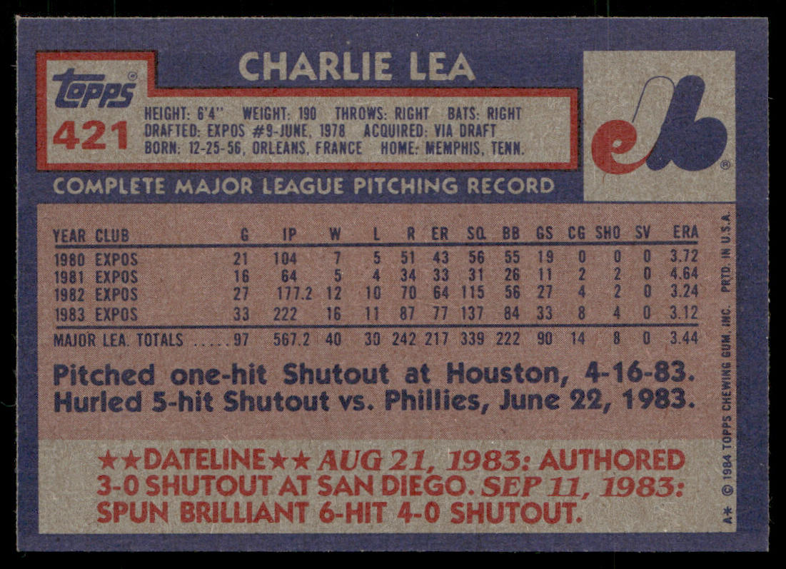 Charlie Lea 1984 Topps #421 Montreal Expos