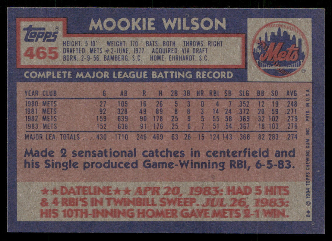Mookie Wilson 1984 Topps #465 New York Mets