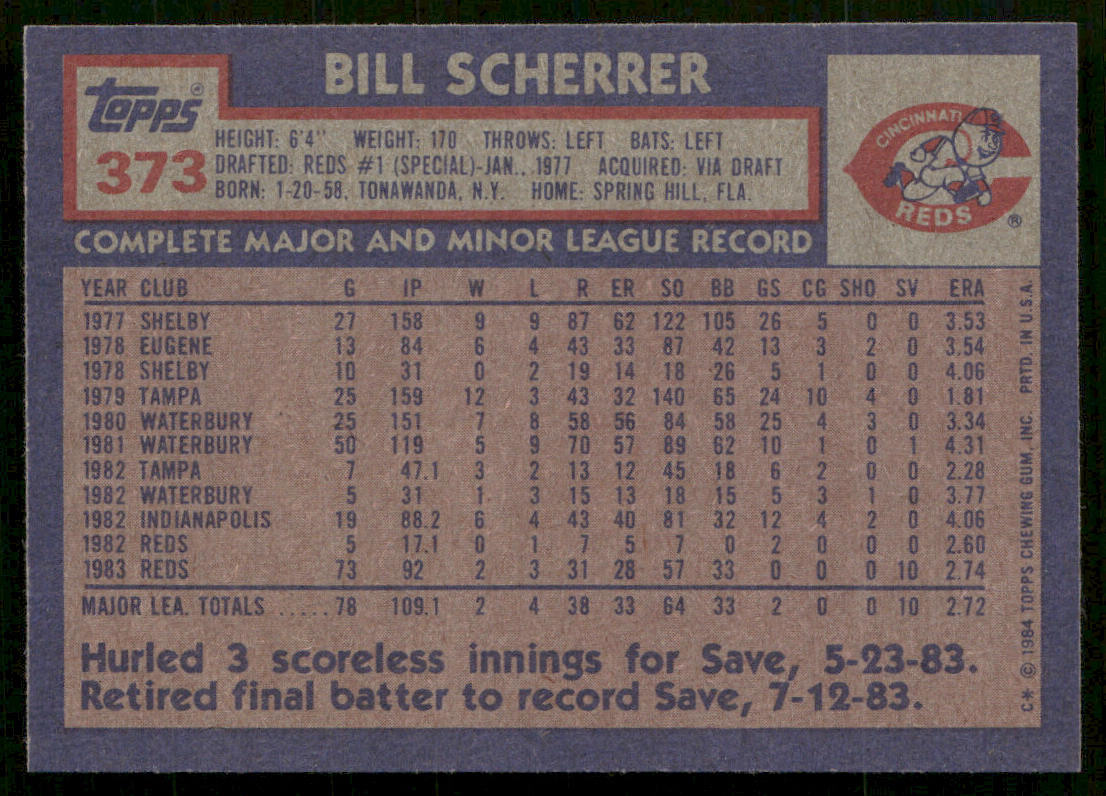 Bill Scherrer 1984 Topps #373 RC Cincinnati Reds