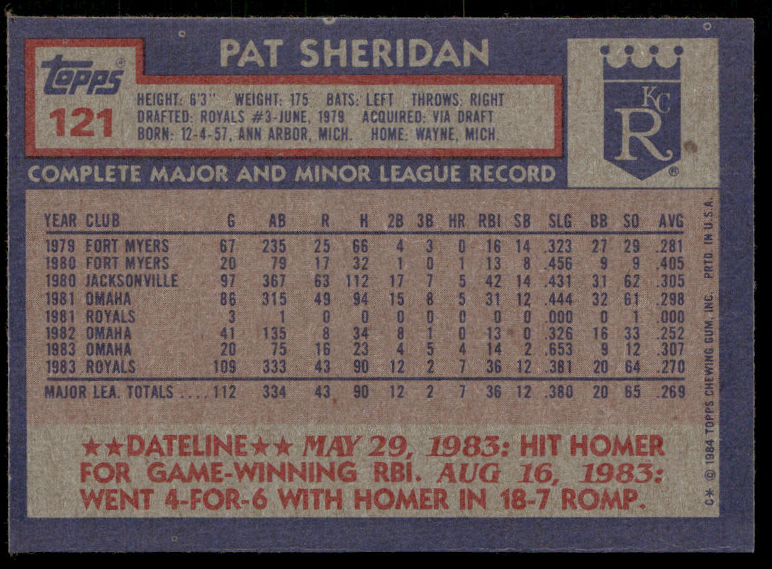 Pat Sheridan 1984 Topps #121 RC Kansas City Royals