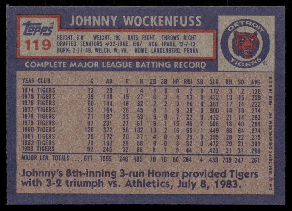 Johnny Wockenfuss 1984 Topps #119 Detroit Tigers