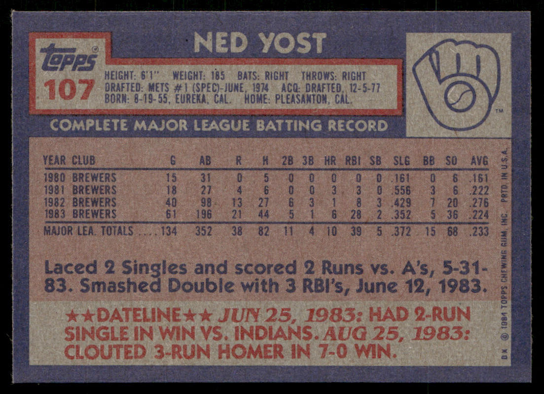 Ned Yost 1984 Topps #107 Milwaukee Brewers