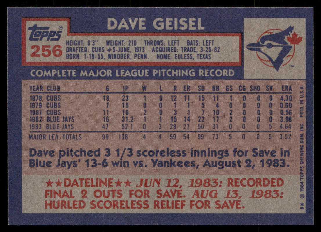Dave Geisel 1984 Topps #256 Toronto Blue Jays