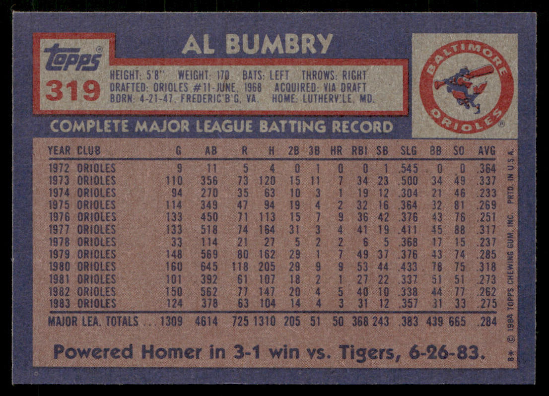 Al Bumbry 1984 Topps #319 Baltimore Orioles