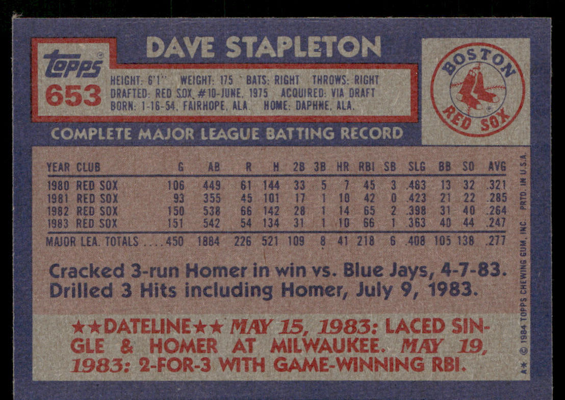Dave Stapleton 1984 Topps #653 Boston Red Sox