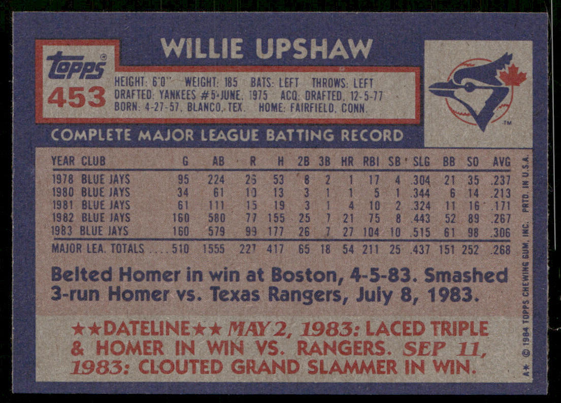 Willie Upshaw 1984 Topps #453 Toronto Blue Jays