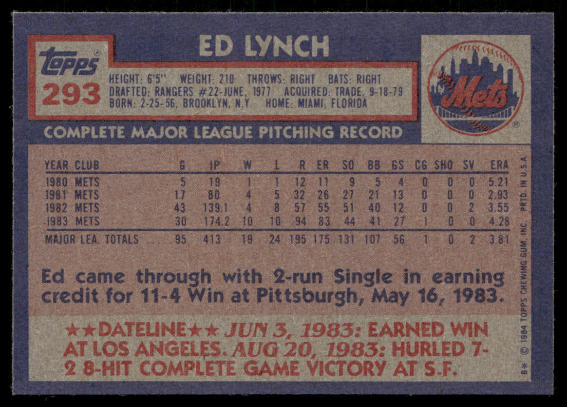Ed Lynch 1984 Topps #293 New York Mets