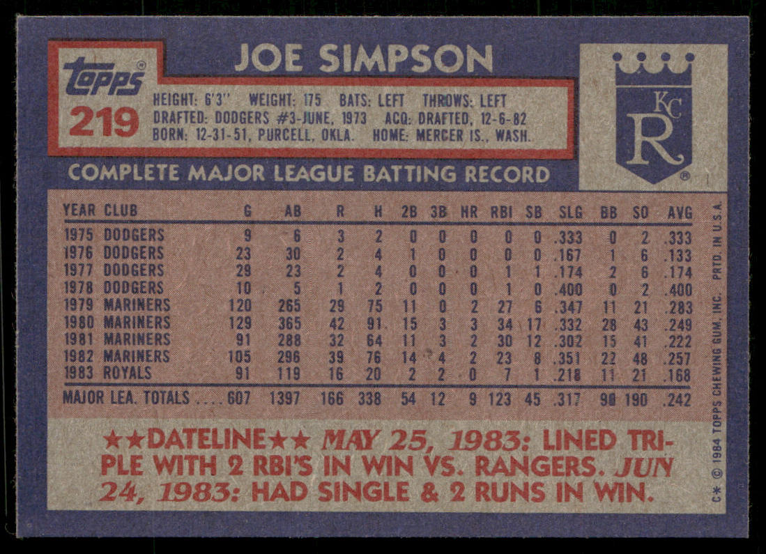 Joe Simpson 1984 Topps #219 Kansas City Royals