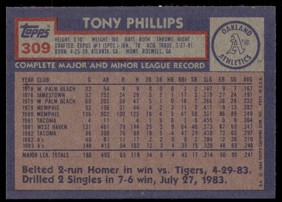 Tony Phillips 1984 Topps #309 RC Oakland Athletics
