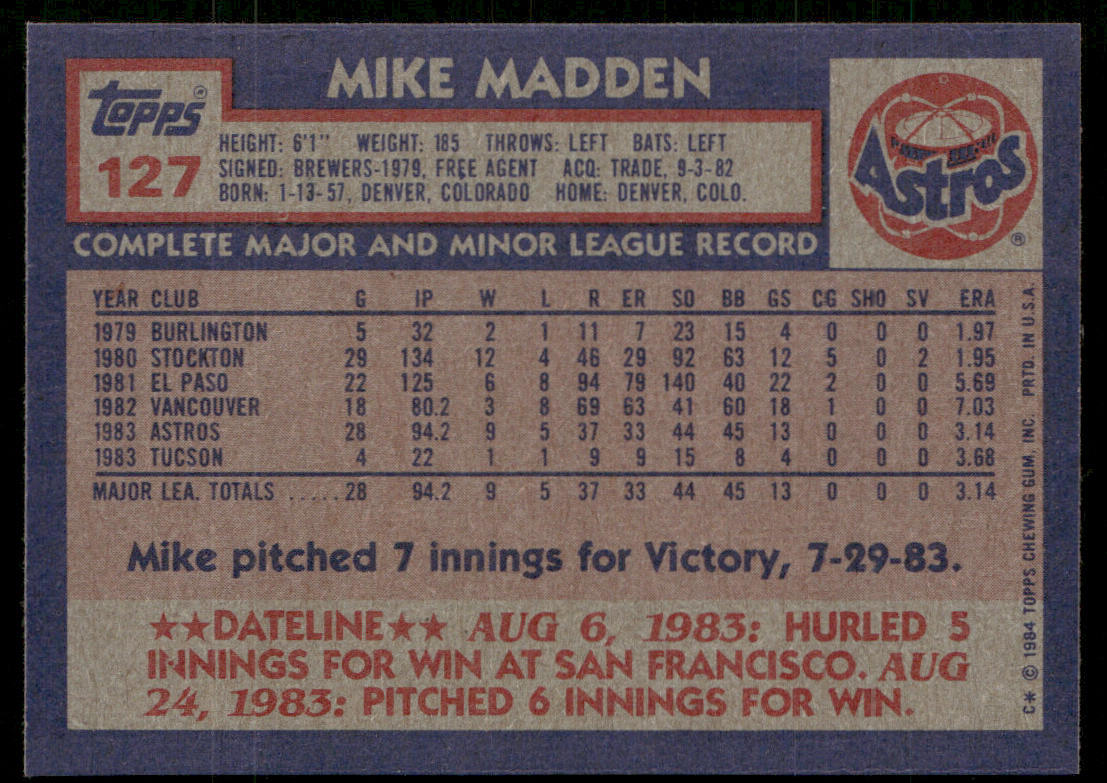Mike Madden 1984 Topps #127 RC Houston Astros