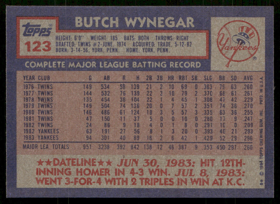 Butch Wynegar 1984 Topps #123 New York Yankees