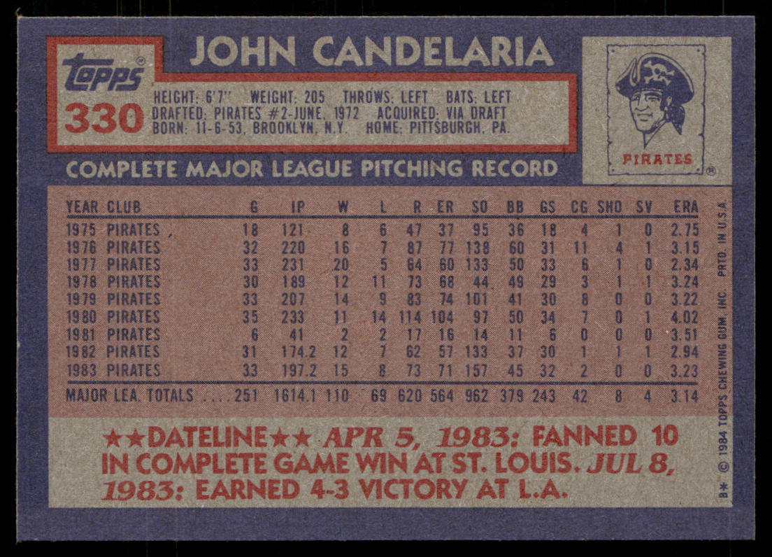 John Candelaria 1984 Topps #330 Pittsburgh Pirates