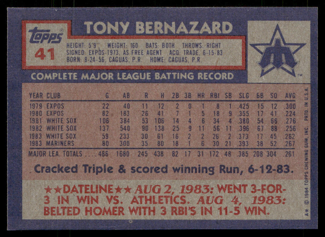 Tony Bernazard 1984 Topps #41 Seattle Mariners