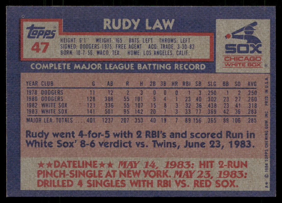 Rudy Law 1984 Topps #47 Chicago White Sox