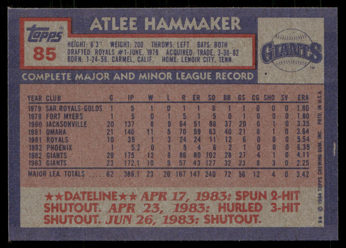 Atlee Hammaker 1984 Topps #85 San Francisco Giants