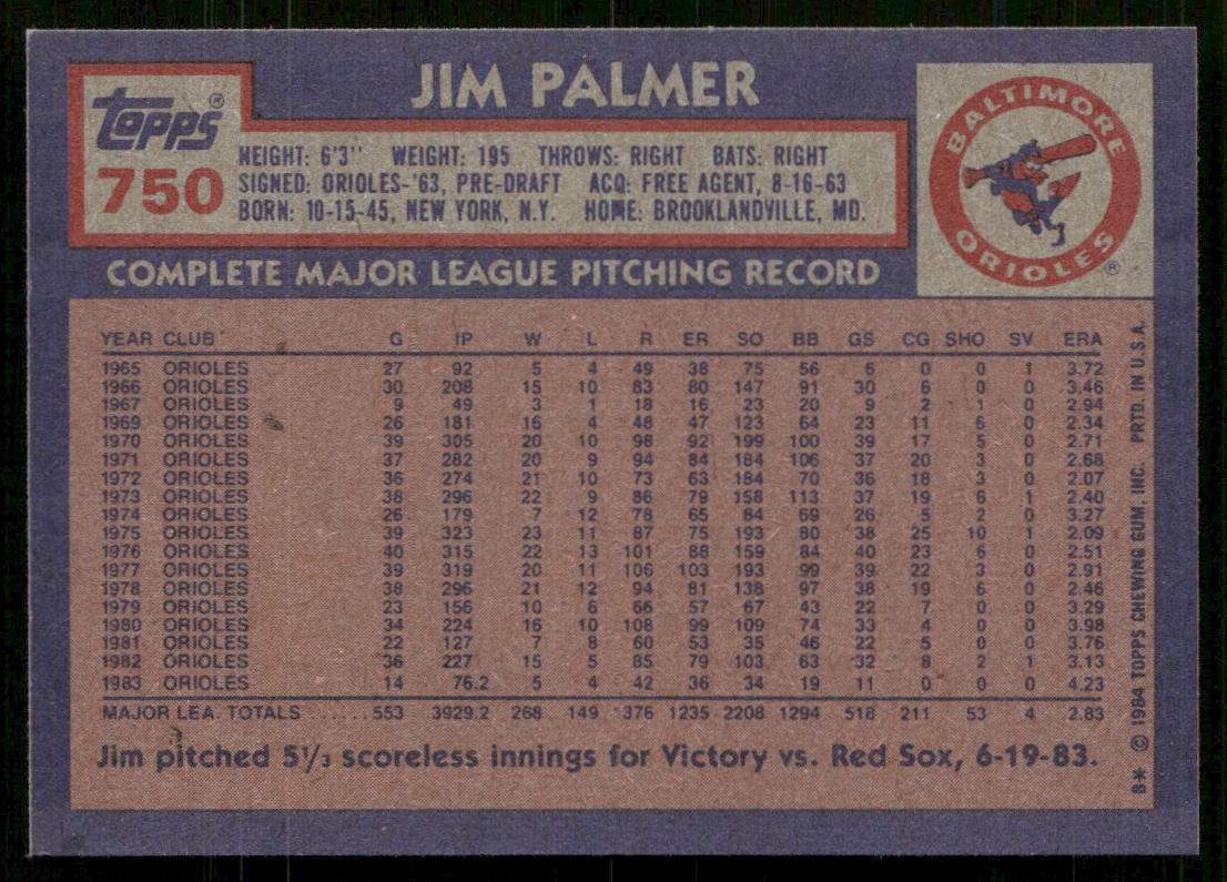 Jim Palmer 1984 Topps #750 Baltimore Orioles