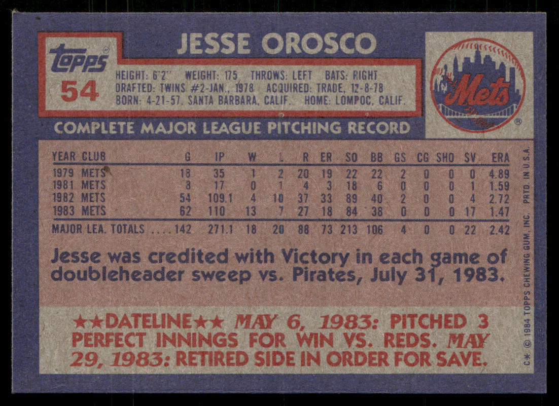 Jesse Orosco 1984 Topps #54 New York Mets