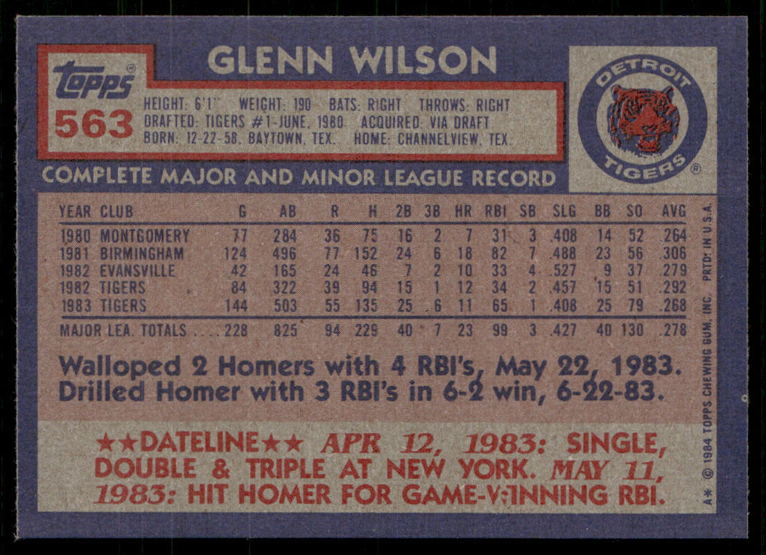 Glenn Wilson 1984 Topps #563 Detroit Tigers