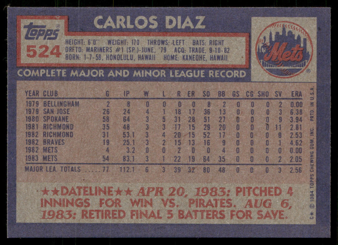 Carlos Diaz 1984 Topps #524 New York Mets