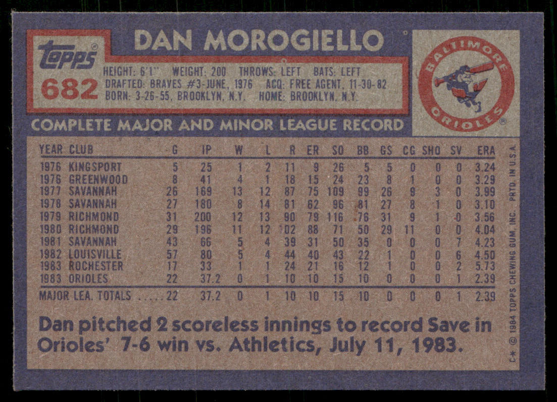 Dan Morogiello 1984 Topps #682 RC Baltimore Orioles