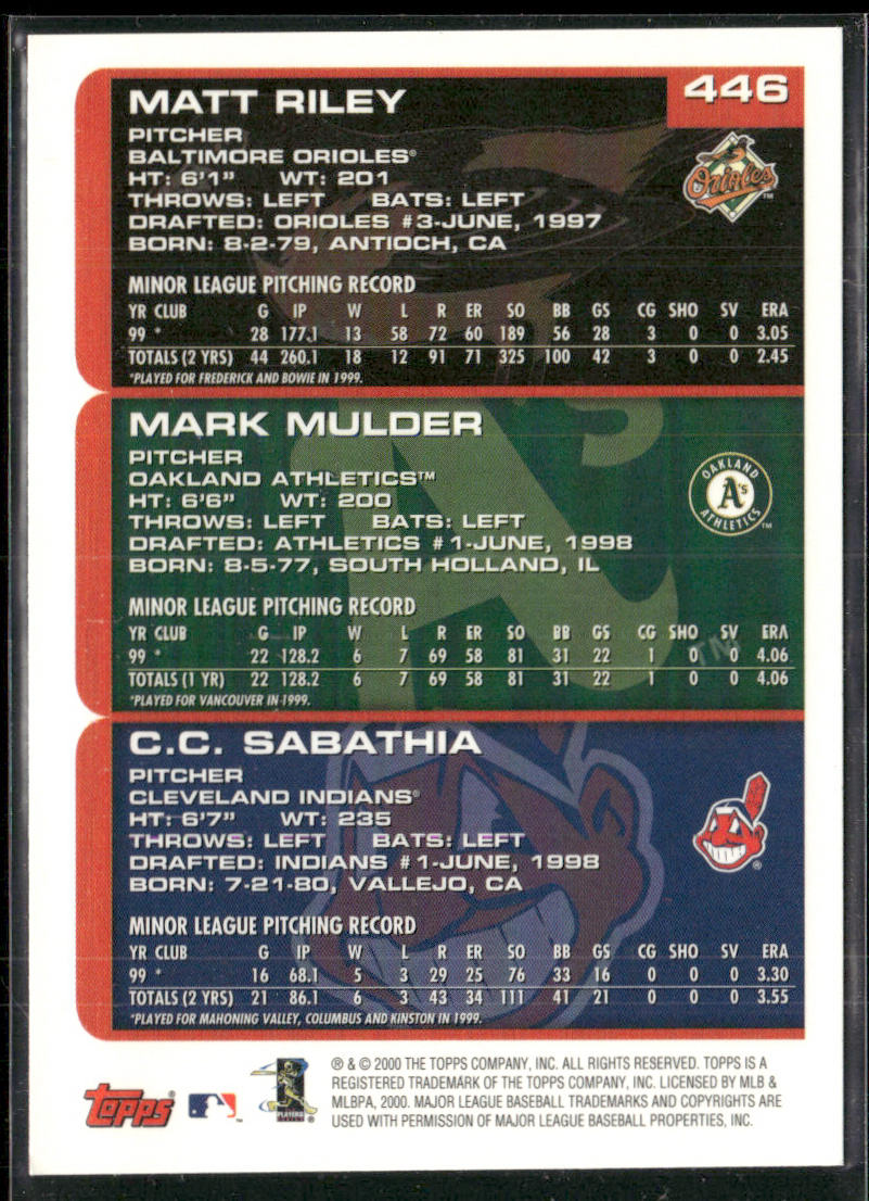 Matt Riley / Mark Mulder / CC Sabathia PROS 2000 Topps #446 back