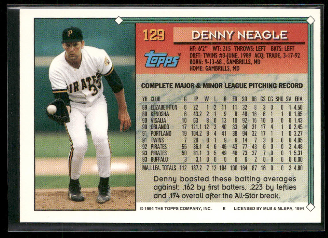 Denny Neagle 1994 Topps #129 Pittsburgh Pirates