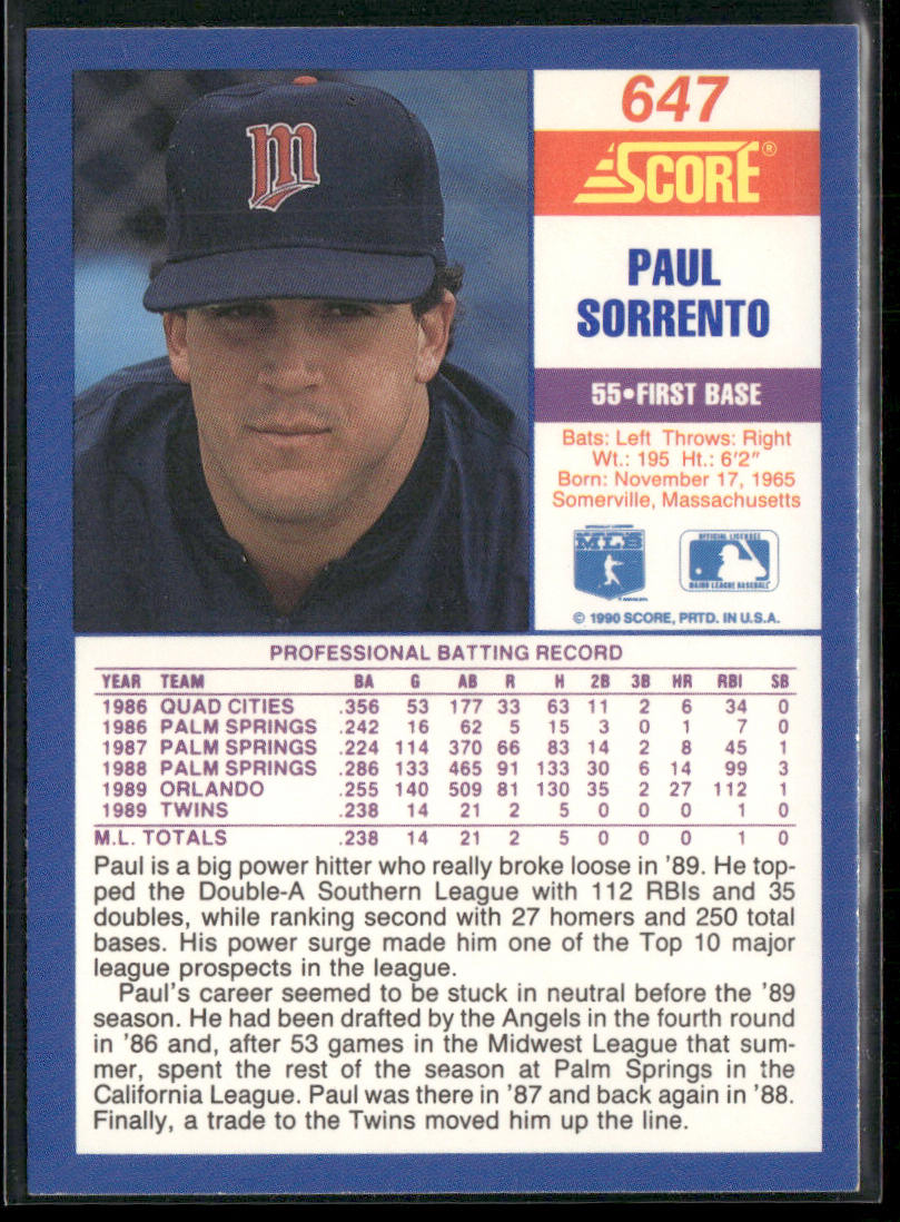 Paul Sorrento 1990 Score #647 RC Minnesota Twins