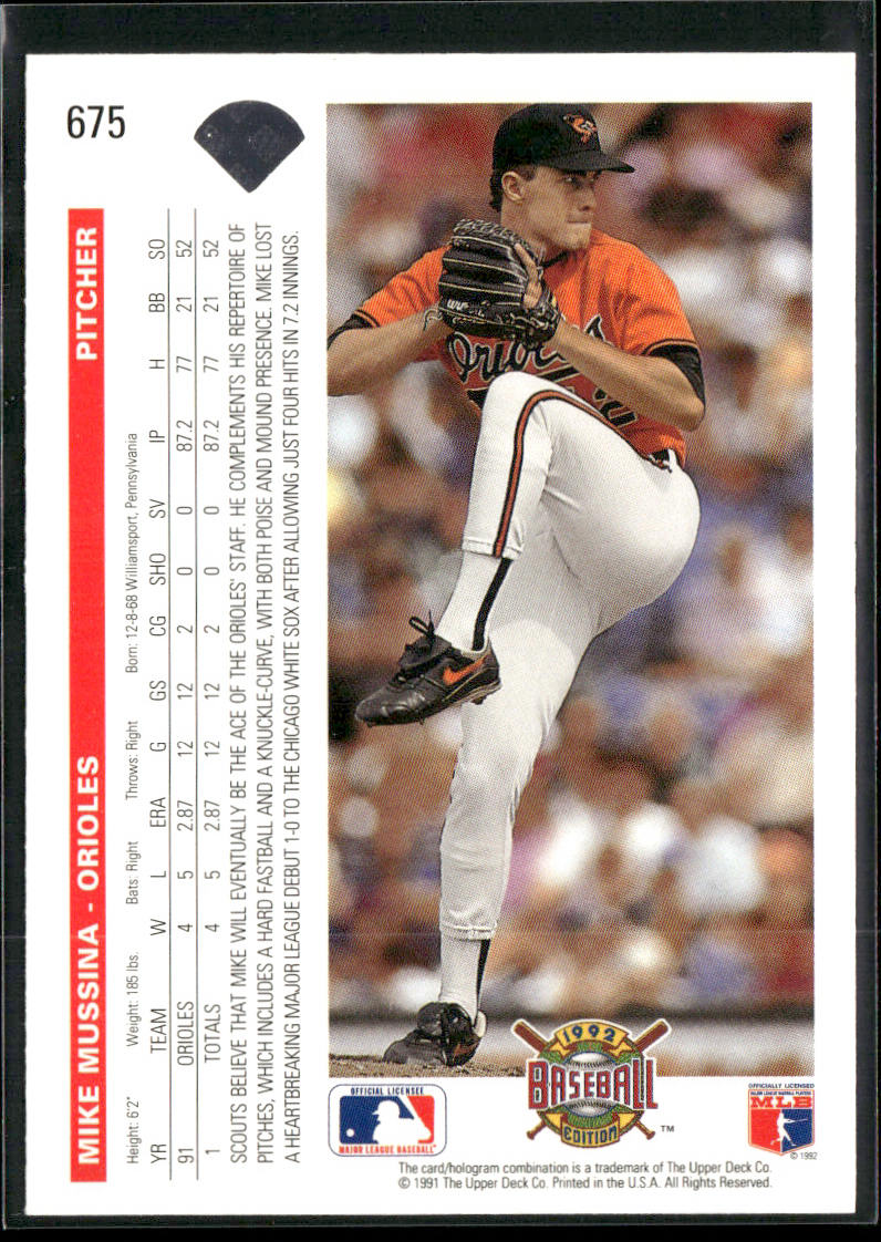 Mike Mussina 1992 Upper Deck #675 Baltimore Orioles