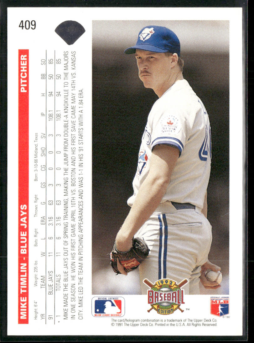 Mike Timlin 1992 Upper Deck #409 Toronto Blue Jays