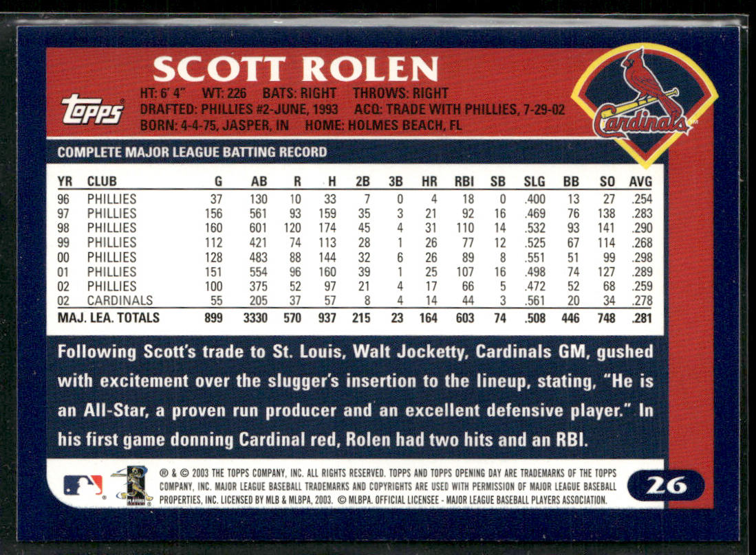 Scott Rolen 2003 Topps Opening Day #26 St. Louis Cardinals