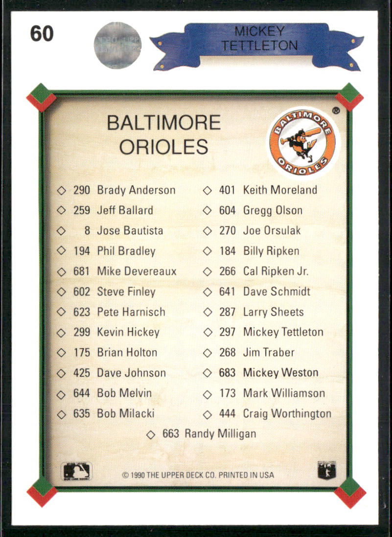 Mickey Tettleton 1990 Upper Deck #60b Baltimore Orioles back
