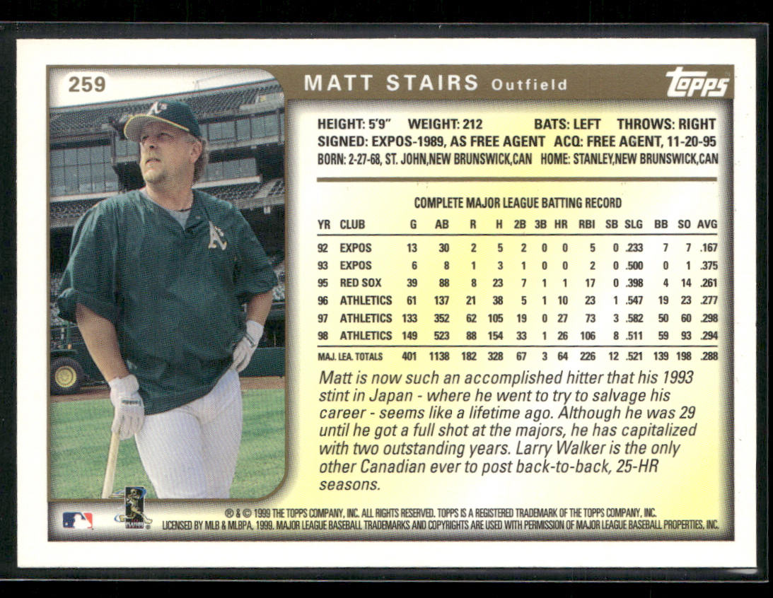 Matt Stairs 1999 Topps #259 Oakland Athletics