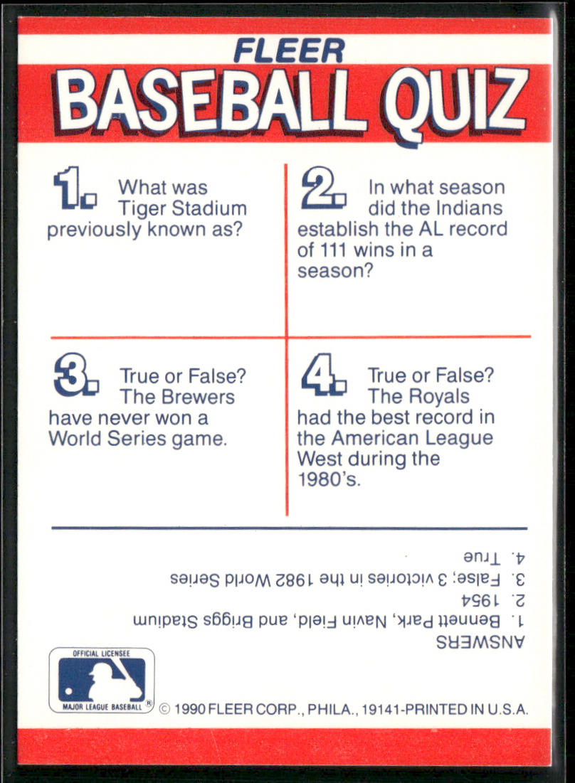 AL: Indians / Tigers / Royals / Brewers 1990 Fleer Action Team Stickers #