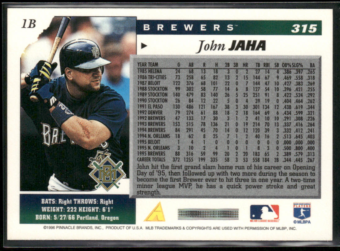 John Jaha 1996 Score #315 Milwaukee Brewers