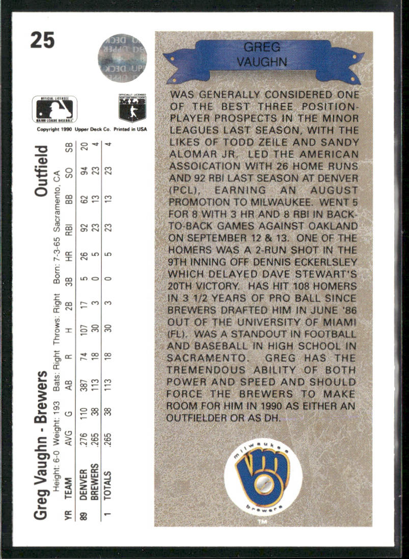 Greg Vaughn 1990 Upper Deck #25 RC Milwaukee Brewers