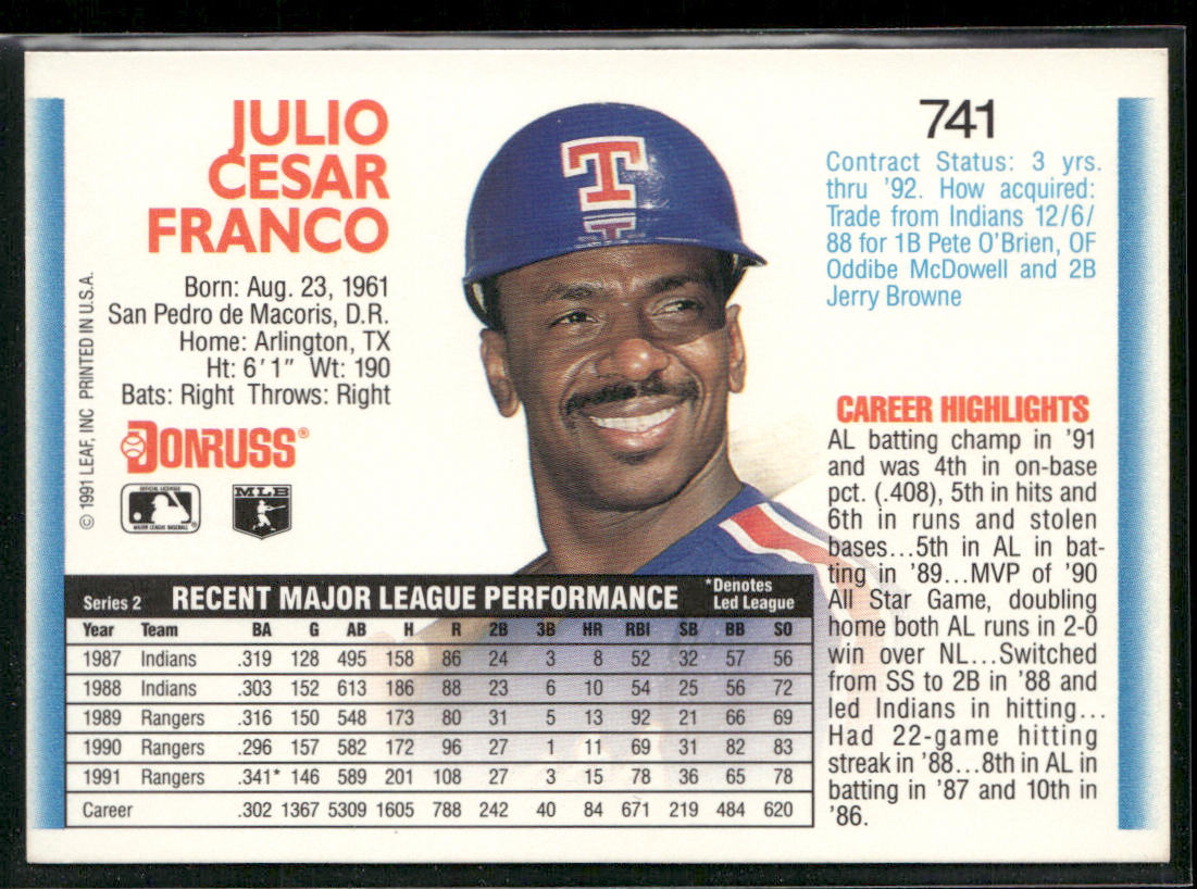 Julio Franco 1992 Donruss #741 Texas Rangers