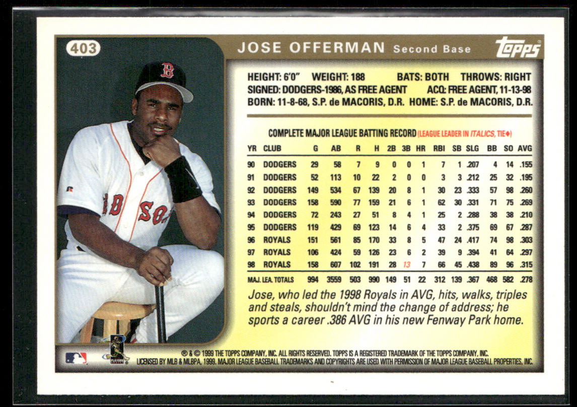 Jose Offerman 1999 Topps #403 Boston Red Sox
