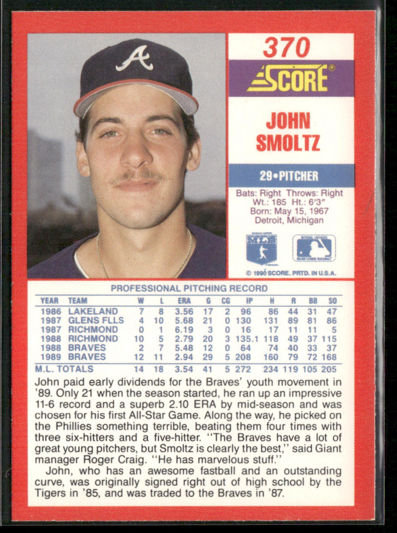 John Smoltz 1990 Score #370 Atlanta Braves