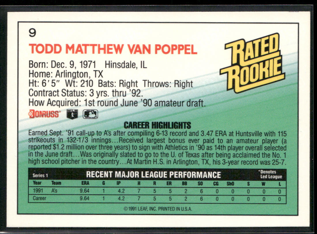 Todd Van Poppel 1992 Donruss #9b Oakland Athletics
