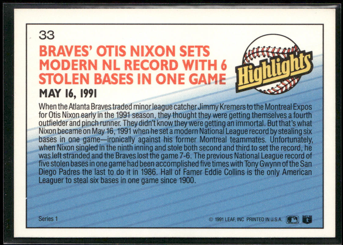Otis Nixon 1992 Donruss #33b Atlanta Braves