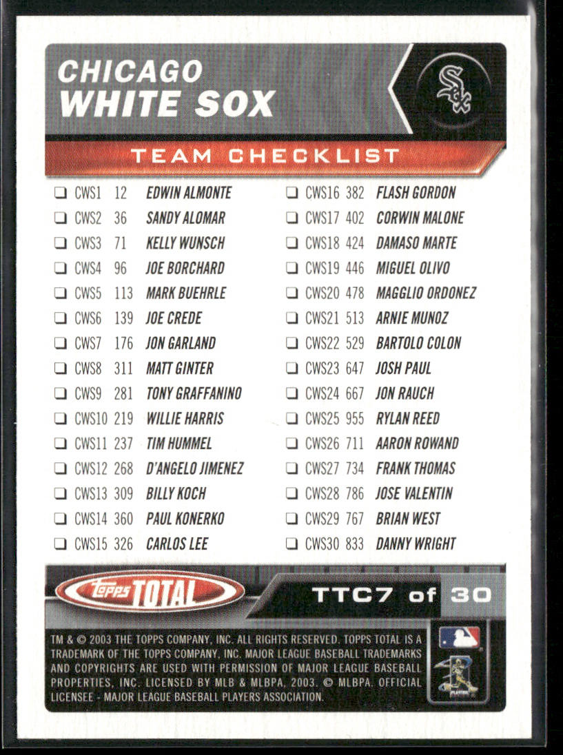 Paul Konerko 2003 Topps Total Team Checklists #TTC7 Chicago White Sox