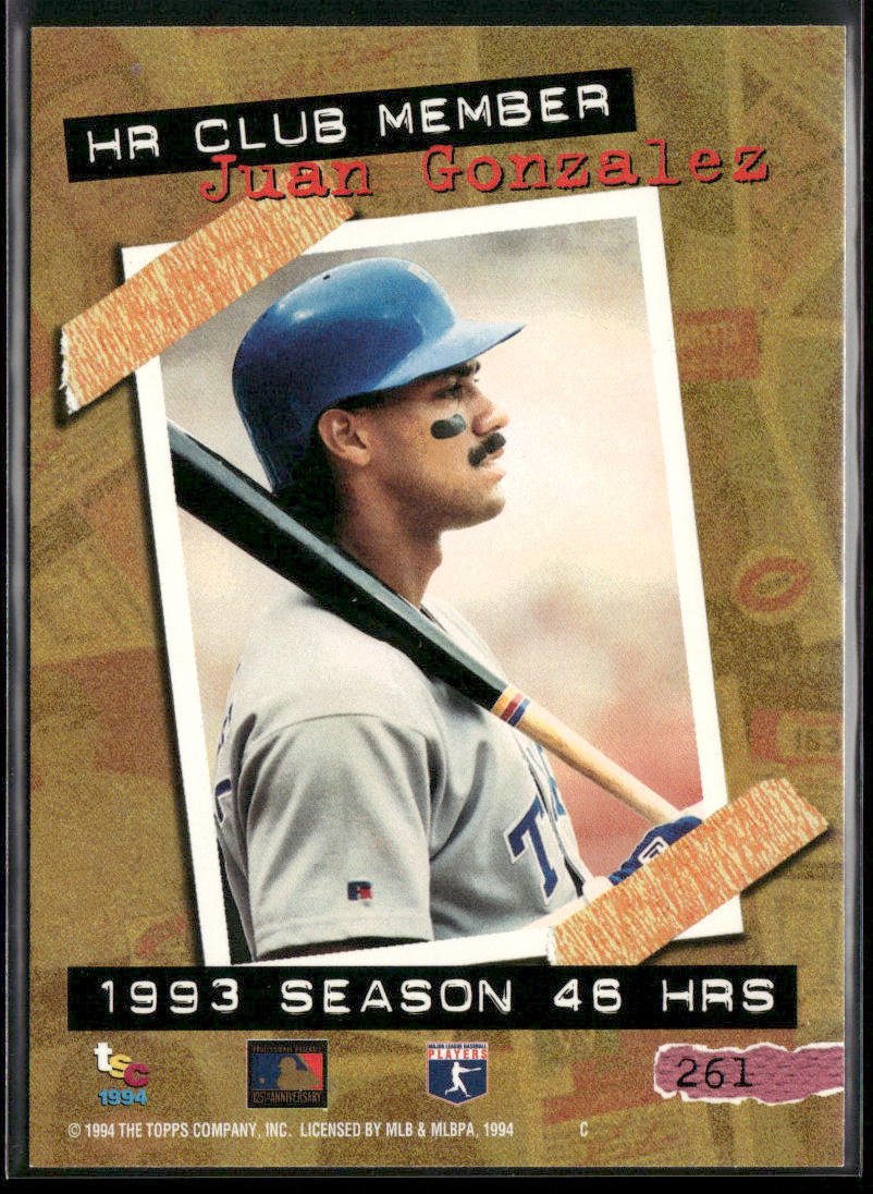 Juan Gonzalez 1994 Stadium Club #261 Texas Rangers