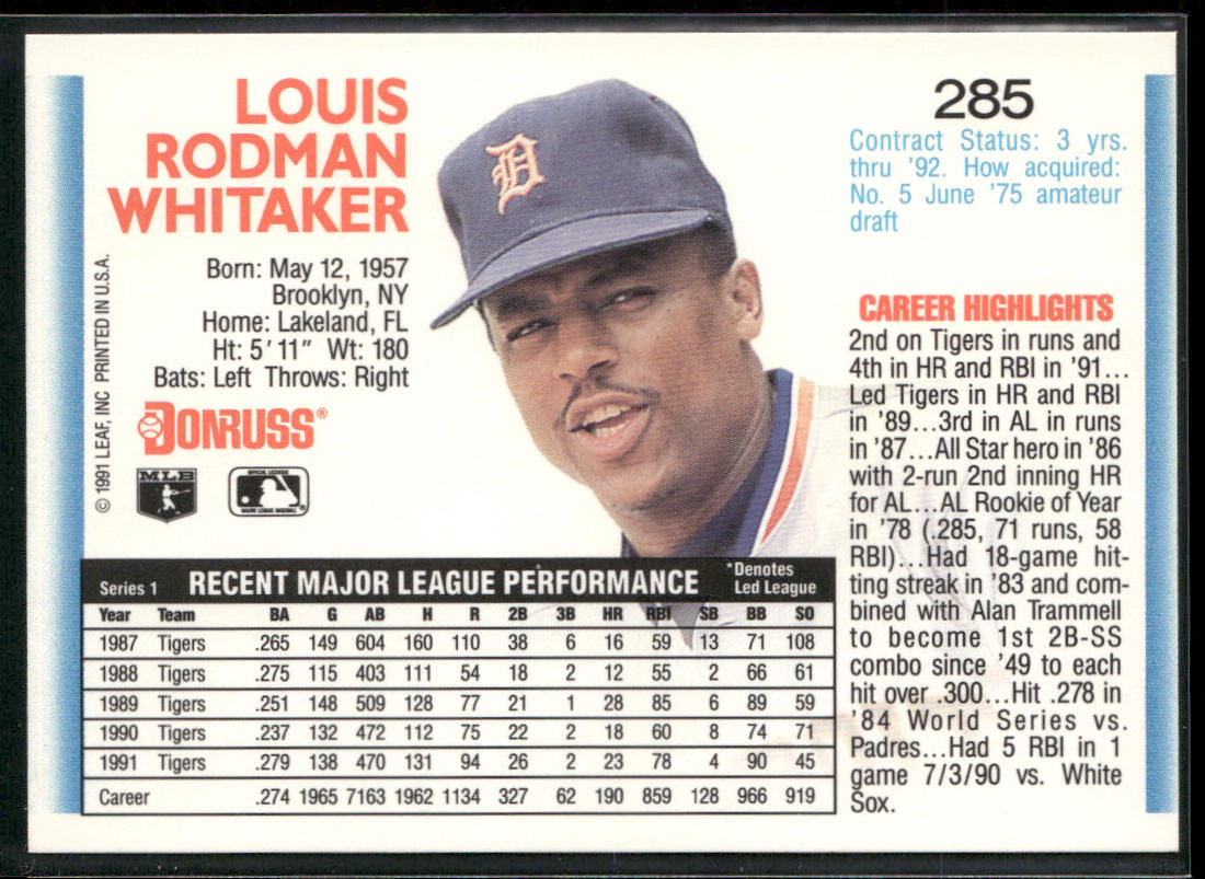 Lou Whitaker 1992 Donruss #285 Detroit Tigers