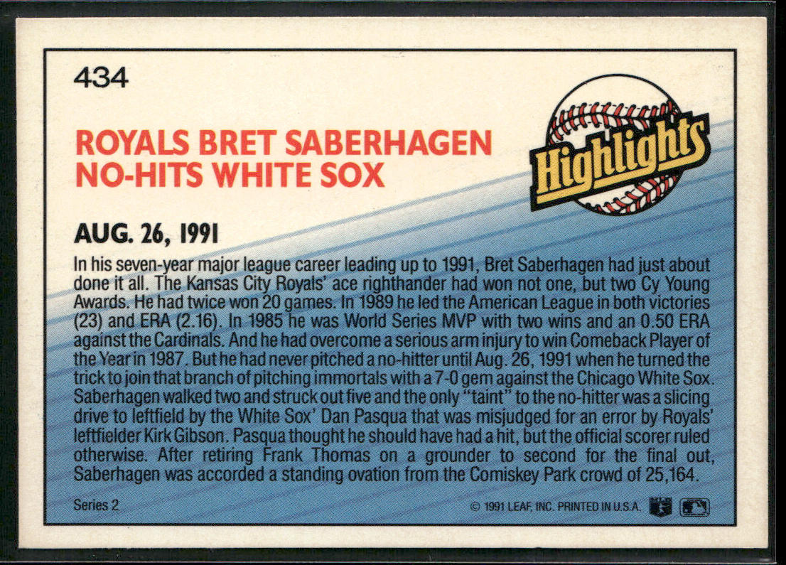 Bret Saberhagen 1992 Donruss #434b Kansas City Royals
