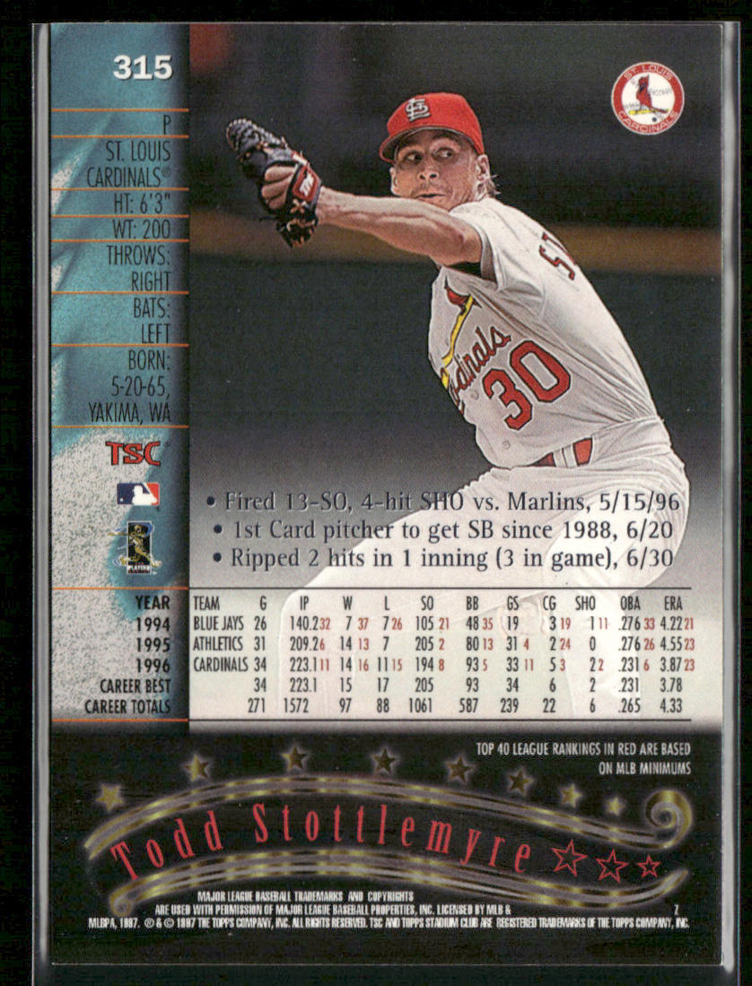 Todd Stottlemyre 1997 Stadium Club #315 St. Louis Cardinals