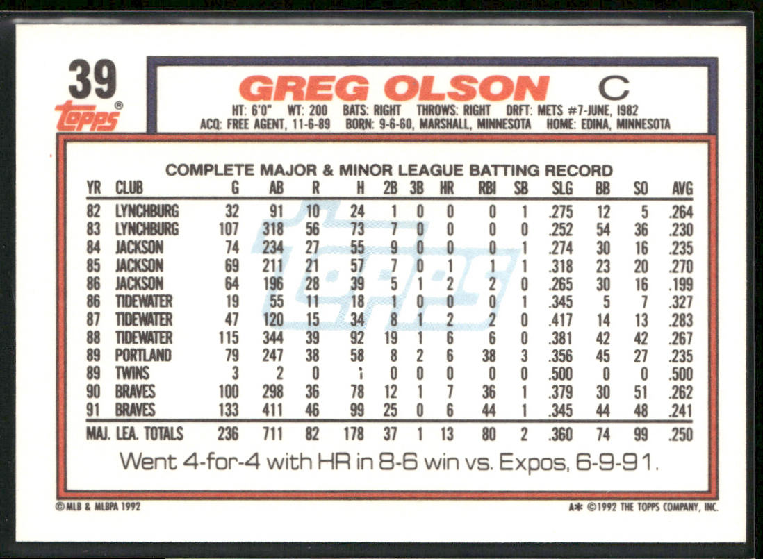 Greg Olson 1992 Topps #39 Atlanta Braves
