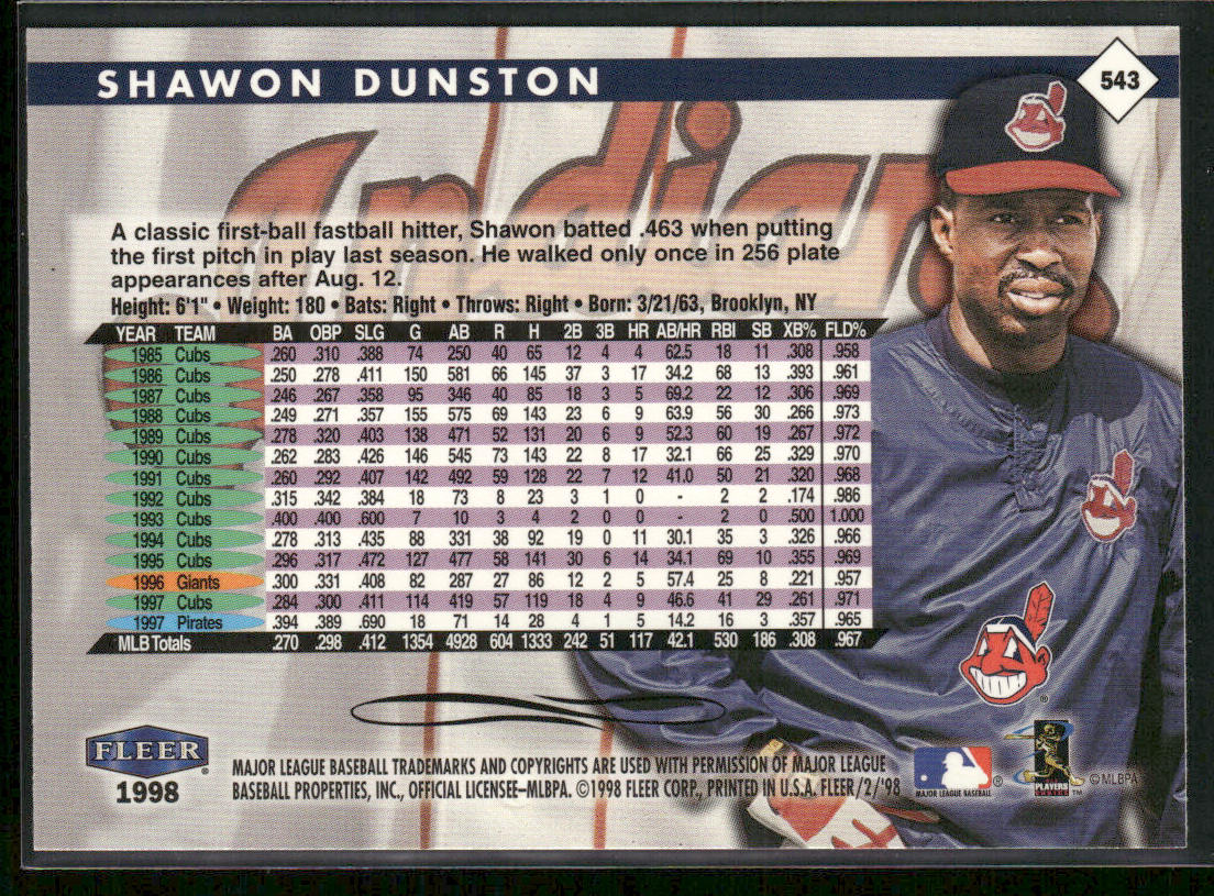 Shawon Dunston 1998 Fleer Tradition #543 Cleveland Indians