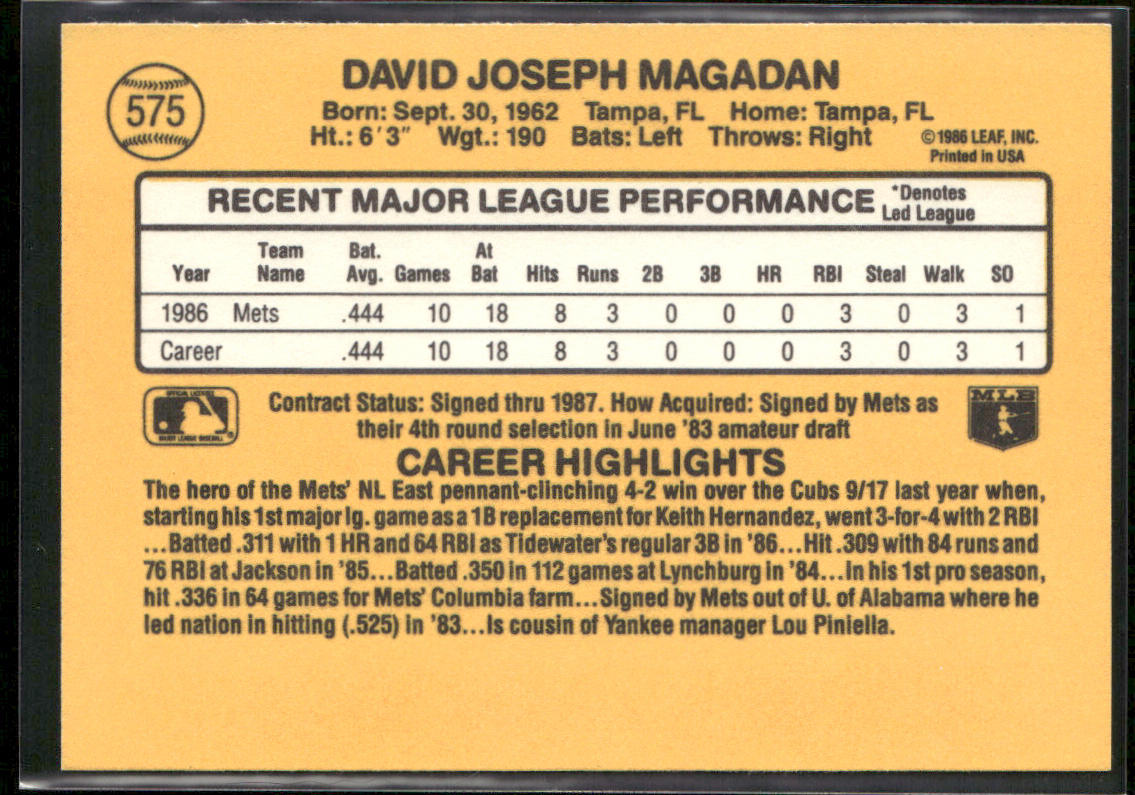 Dave Magadan 1987 Donruss #575 RC New York Mets
